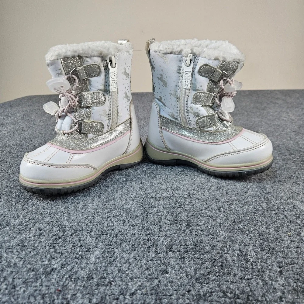 Totes Toddler Girls Bambawhite Unicorn Glitter‎ Snow Boots White Silver Size 7T